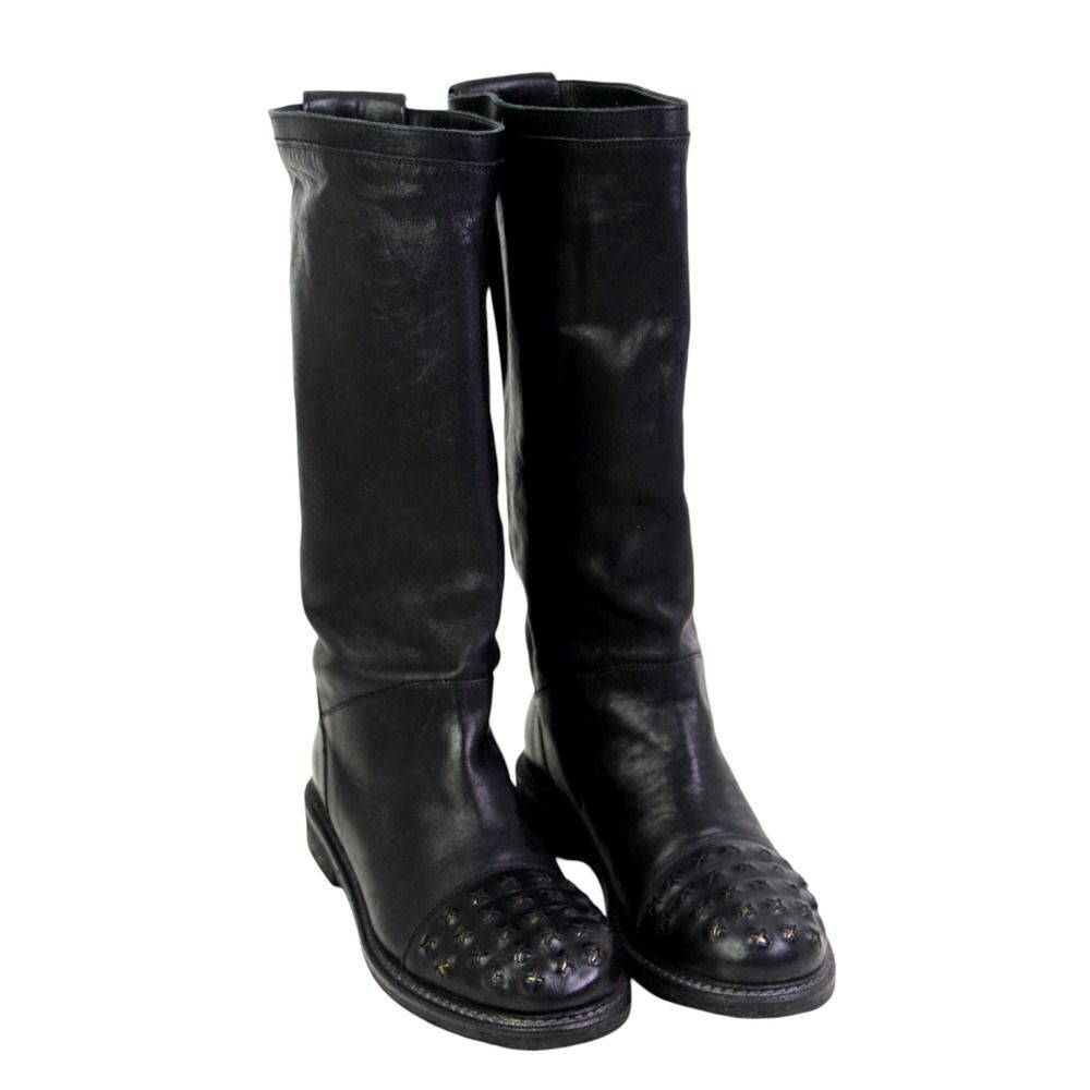 Latitude Femme BLACK GENUINE LEATHER LOW HEEL PULL ON ROUND TOE BOOTS Sz 37